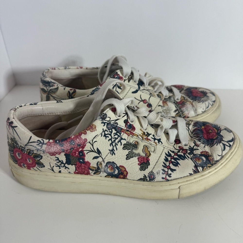 Tory Burch White Floral Print Leather Amalia Low Top Sneakers Size 7M